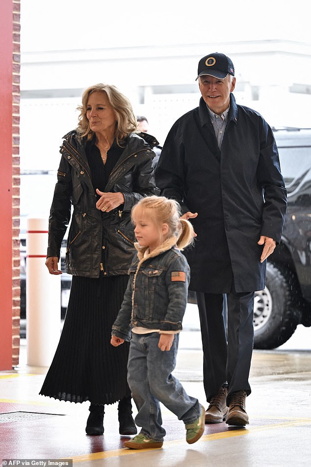 President Joe Biden, First Lady Jill Biden, and grandson Beau arrive for a visit at the Nantucket Fire Department