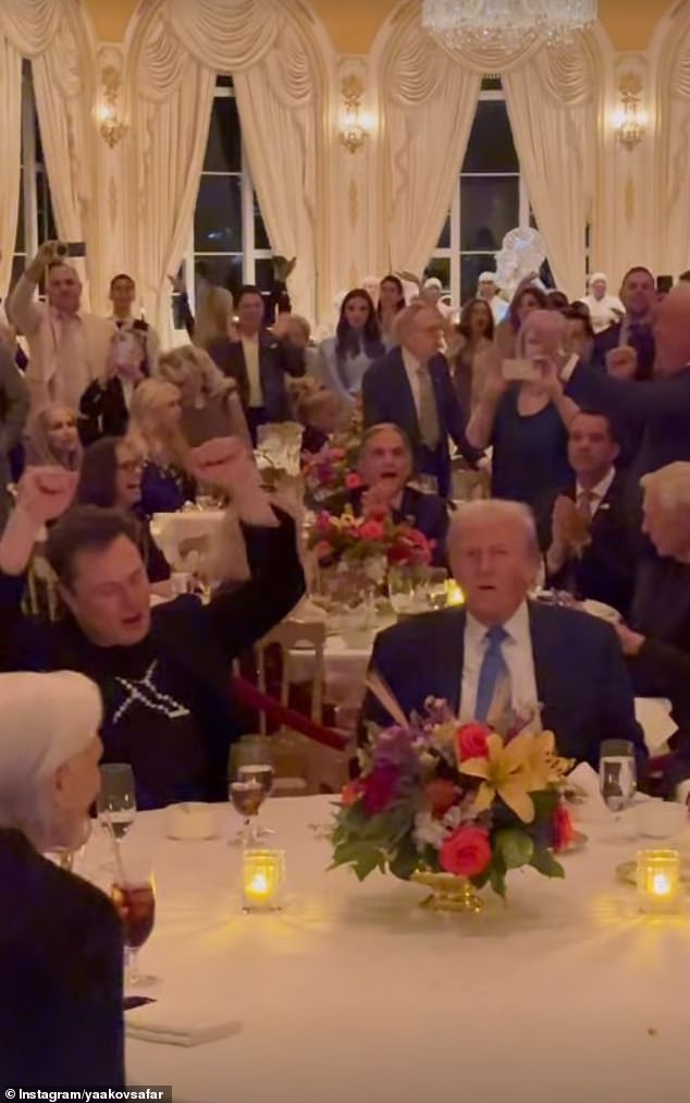 Donald Trump spent Thanksgiving enjoying the company of his family, celebrities and his new 'adopted son' Elon Musk as they enjoyed his theme song 'YMCA' at a Mar-a-Lago holiday bash