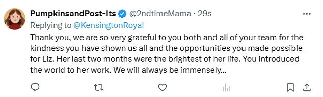 The teacher, who revealed her daughter died aged 17 earlier this week, took to X, formerly Twitter, to say she is 'so grateful' to the royals