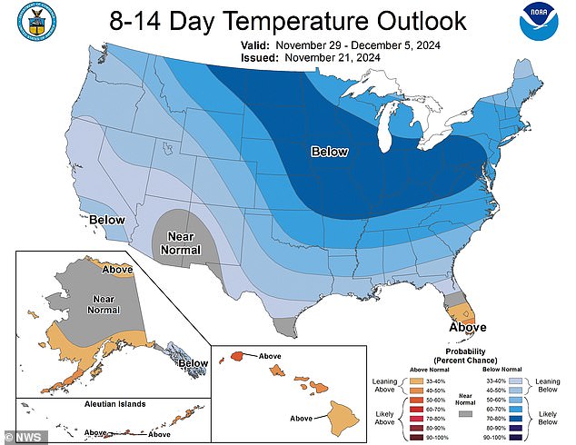 Pictured: A nationwide temperature outlook as winter weather warnings are in effect across multiple multiple western states