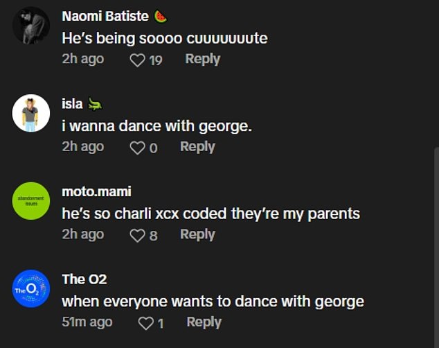 Meanwhile over on TikTok fans penned: 'YOU FINALLY CONVINCED HIMM'; 'George nailed the apple dance! Too funny!'