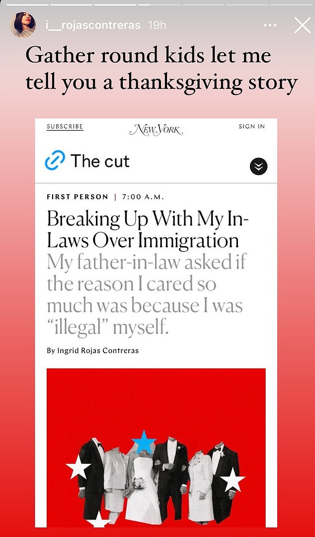 Contreras shared this post on Instagram inviting strangers to hear the story of an ugly family rift she shared with New York magazine's The Cut website