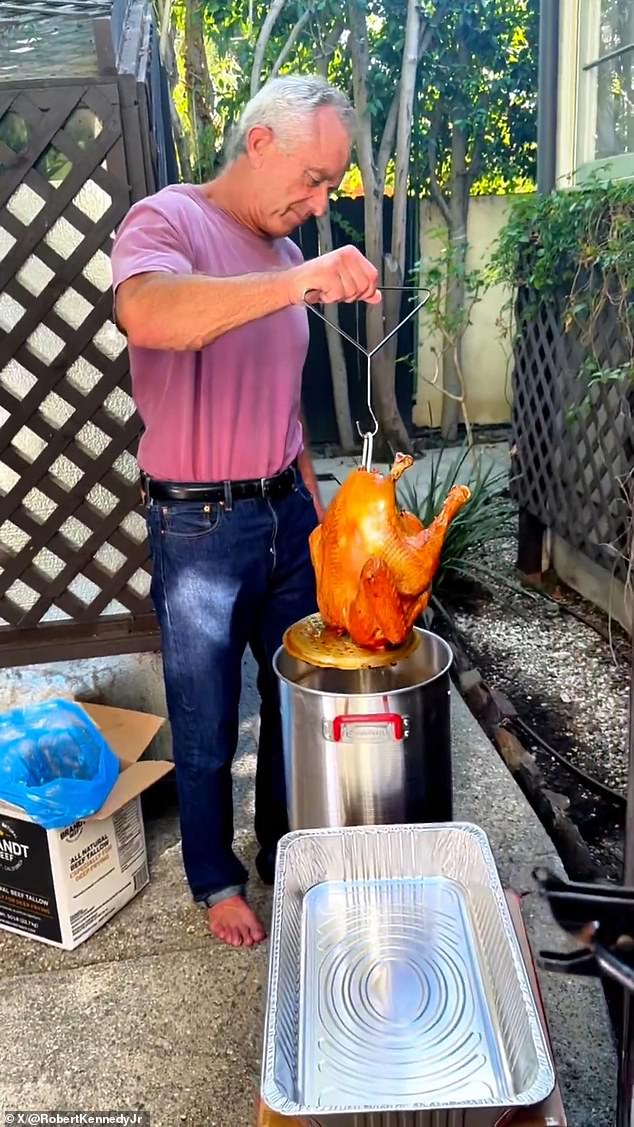 The video then cuts to him 40 minutes later, as he pulls the bird from the hot oil without any shoes on