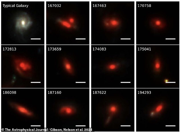 Above, more examples of the 56 known UFO galaxies, with one comparatively 'dust free' galaxy in the top left, published by the researchers for the sake of comparison