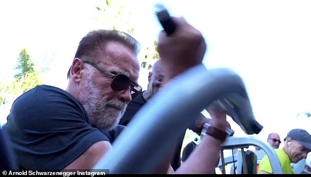 Former California governor Schwarzenegger was not at home at the time of the incident, getting in a workout at the gym ahead of his celebrations - pictured 2022