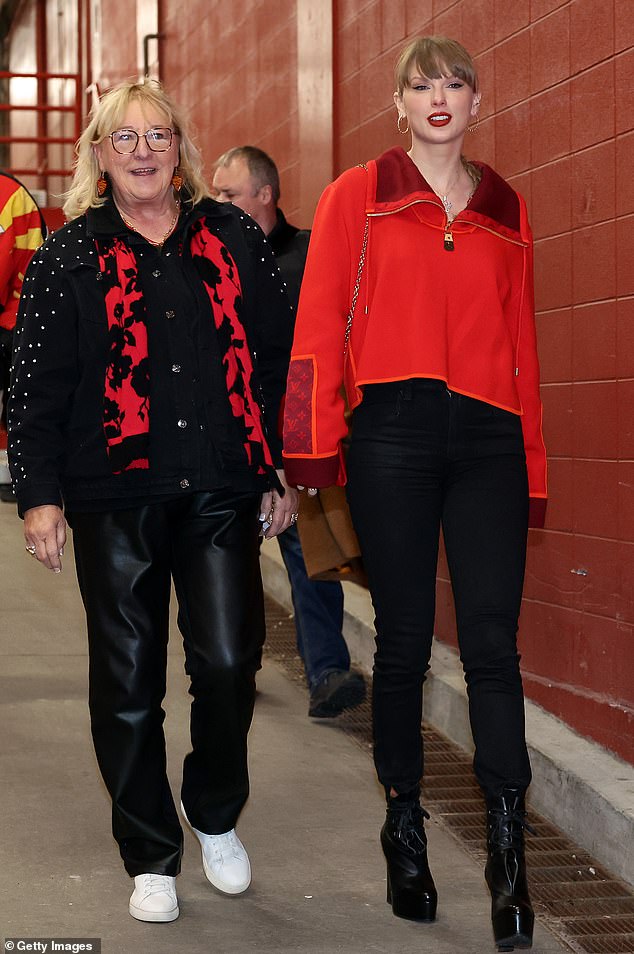 Taylor Swift, 34, sent fans into a frenzy as she matched Travis Kelce's mother, Donna Kelce, as they cheered on the Kansas City Chiefs during Friday's game at Arrowhead Stadium (seen above)