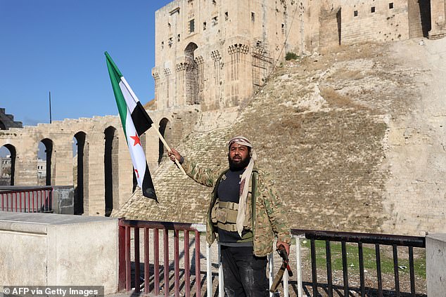 An anti-government fighter raises an opposition flag in front of the landmark citadel of Aleppo