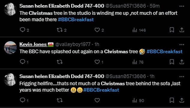 Taking to X, formerly known as Twitter, viewers raged: 'The Christmas tree in the studio is winding me up, not much of an effort been made there #BBCBreakfast'