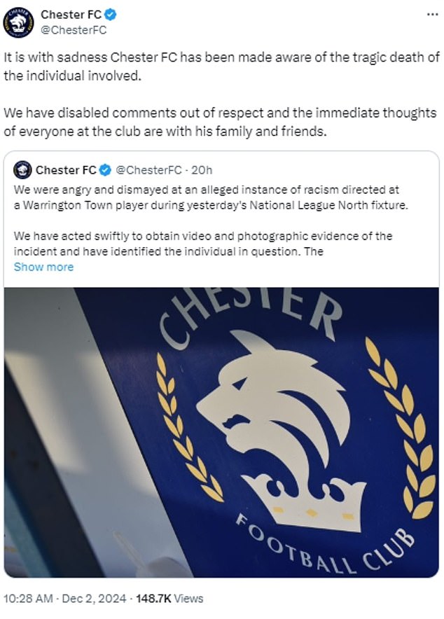 A fresh tweet posted by Chester FC this morning confirmed the fan had died