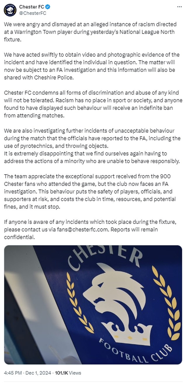 The initial tweet from Chester FC yesterday about the incident of alleged racism