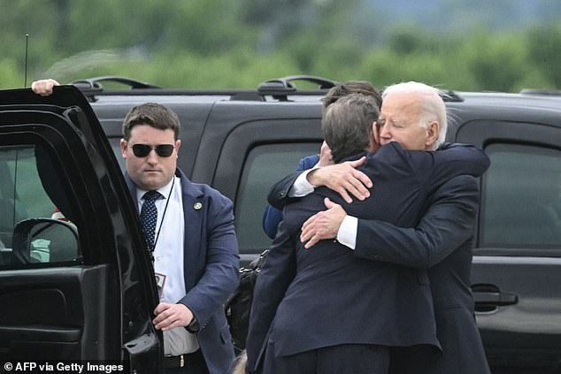 President Biden hugs son Hunter on June 11, 2024 after the 54-year-old was convicted on three federal felony counts for lying about his drug use on a form to purchase a firearm