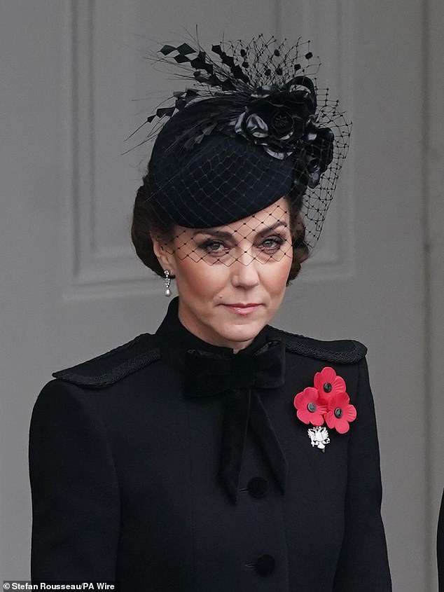 The Princess of Wales on a balcony at the Foreign, Commonwealth and Development Office during the Remembrance Sunday service at the Cenotaph in London on November 10