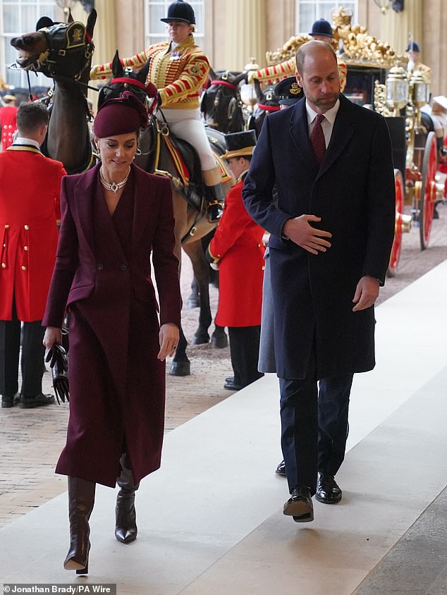 The Prince and Princess of Wales arrive at Buckingham Palace today during the state visit