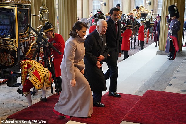 King Charles III arrives at Buckingham Palace today with the Emir of Qatar Sheikh Tamim bin Hamad Al Thani and his wife Sheikha Jawaher, following the ceremonial welcome