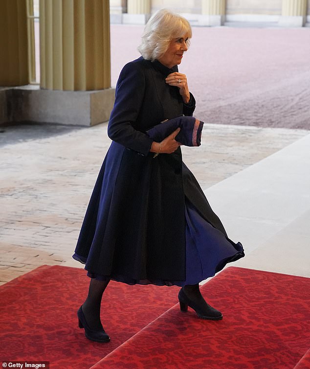 Queen Camilla arrives at Buckingham Palace for the Qatari state visit to the UK today