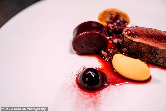 Salt-chamber-aged Scottish venison, 'served with a pillow of pasta filled with a flavourful faggot mix, a tangy roll of beetroot and a creamy butternut squash puree'