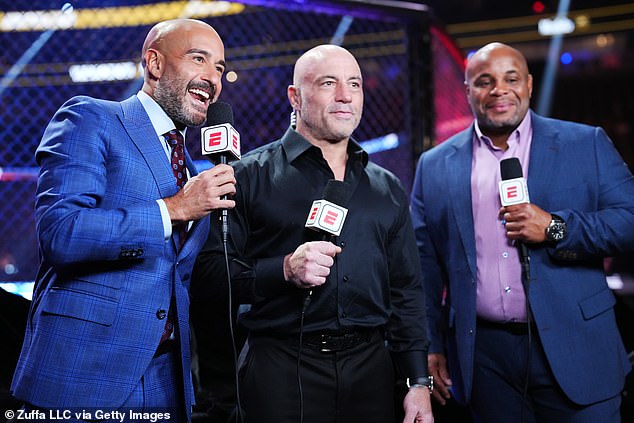 Rogan now does color commentary for the UFC with Jon Anik (left) and Daniel Cormier (right)