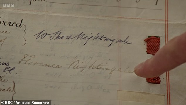 Pointing out Florence Nightingale's signature, the expert added: 'And this is the actual deed here. If we work our way down, there we are, the lady herself Florence Nightingale'