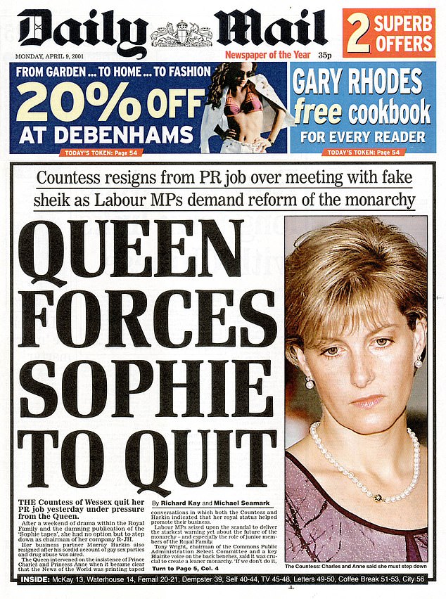 The Daily Mail's front page on April 9, 2001, as Sophie's private career ended in failure