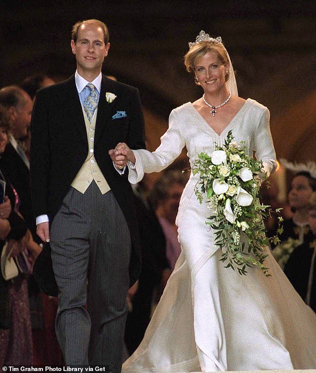 Prince Edward and then Sophie Rhys-Jones, walking down the aisle at their wedding in 1999