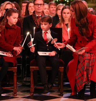 Kate Middleton stuns in festive red coat and black bow as she joins Prince William and the