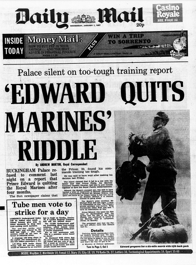 The Daily Mail's front page when Edward left the Marines in 1987