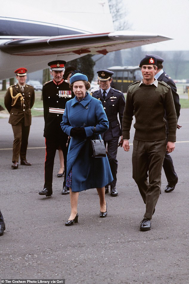 Queen Elizabeth and Edward at RAF Benson, the Prince wearing his Royal Marines uniform