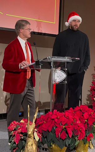 Travis Kelce appeared on stage at the Kansas City Chiefs' Christmas party on Friday night