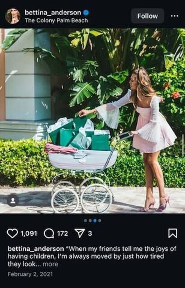 Anderson, a 38-year-old Palm Beach socialite and model, frequently makes posts bragging about the fact that she doesn't have any children