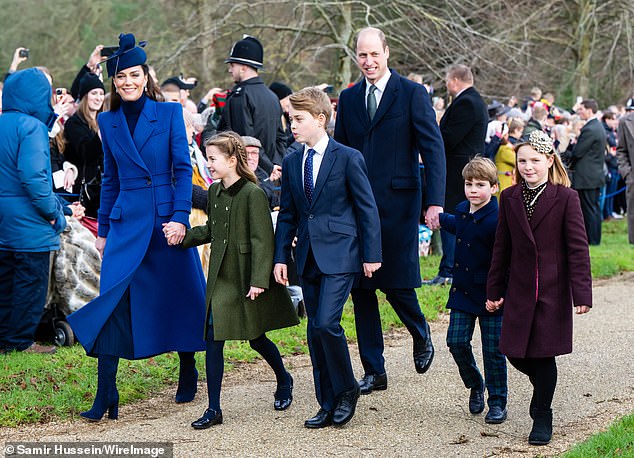 Princess Kate, Prince William, Princess Charlotte, Princes George and Louis and Mia Tindall arriving to church in 2023