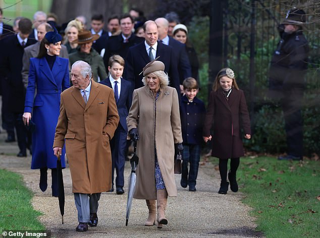 King Charles and Queen Camilla walking to church on Christmas Day in Sandringham with other members of the Royal Family behind them in 2023