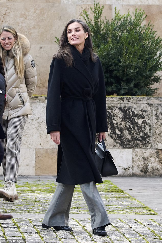 Queen Letizia, 52, arrives at Yuso Monastery in San Millán de la Cogolla for the closing ceremony of the 17th International Seminar on Journalism and Language today