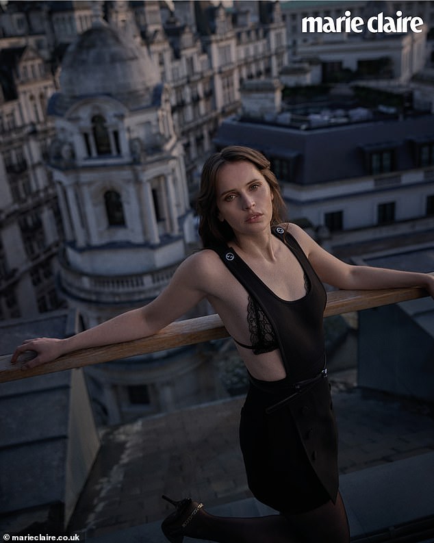 Posing in a series of sultry images for Marie Claire , the actress, 41, later changed into a black cut-out dress with a lace bra top layered underneath for the rooftop shoot