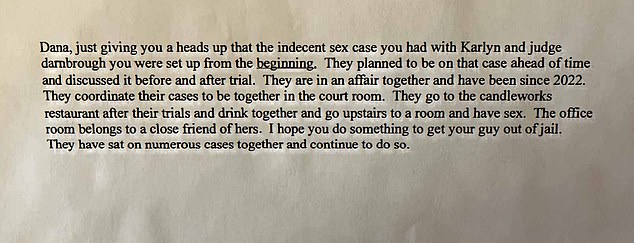 A damning poison pen letter filed as part of an appeal alleging sordid sex sessions between the judge and younger prosecutor whose cases he oversaw