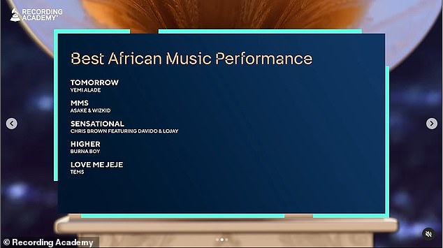 The Higher rapper is nominated for the best African music performance trophy at the 67th Annual Grammy Awards, which air February 2 on CBS/Paramount+