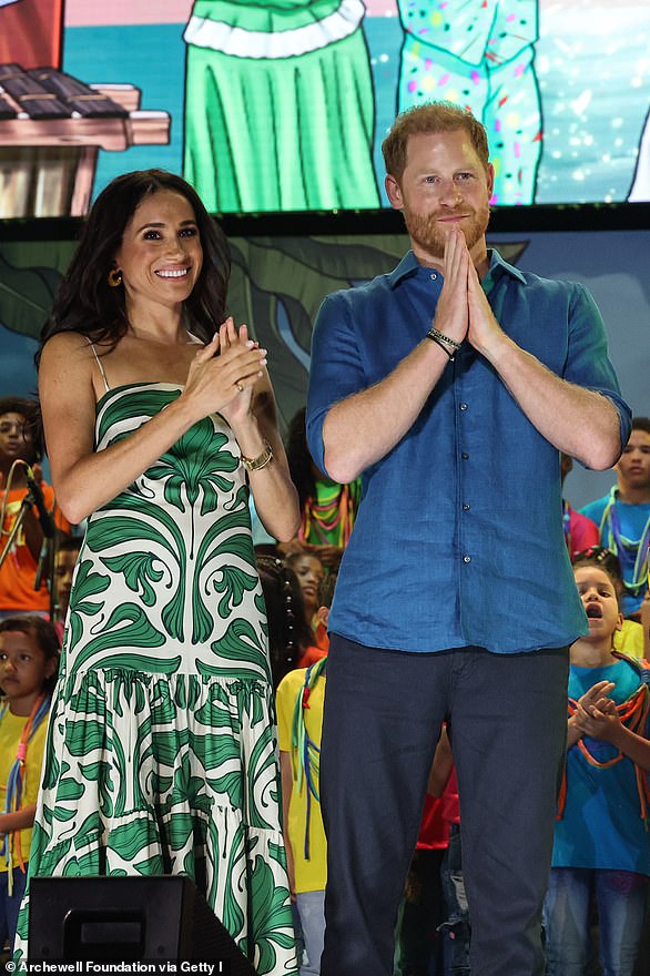 Meghan and Harry are all smiles at the Petronio Music Festival in Cali during their four-day visit to Colombia