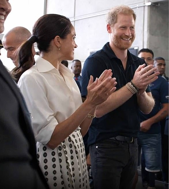 Meghan and Harry exchange smiles during their visit to the Center for Inclusive Rehabilitation in Bogotá