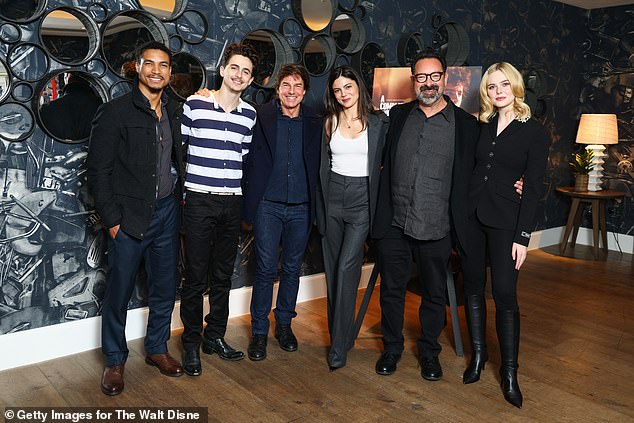 They also posed for group shots with the rest of the cast, including Monica Barbaro, Elle Fanning and director James Mangold; (L-R) Greg Tarzan Davis, Chalamet, Cruise, Barbaro, Mangold and Fanning