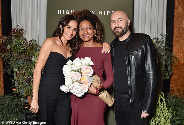 The Duchess of Sussex (pictured left) put on a glamorous display in a sleeveless black top and wide-leg trousers as she supported her friend and A-lister hairdresser Kadi Lee (picture centre) in Venice, California. Pictured right, celeb hairstylist Serge Normant