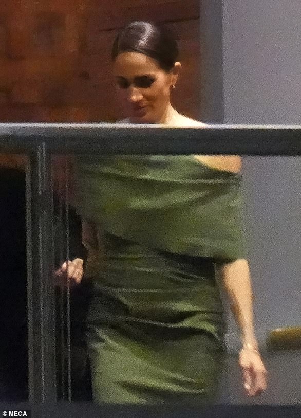 Meghan was glamorous in a one-shoulder olive green dress by Canadian designer Greta Constantine as well as a necklace by Logan Hollowell, and shoes by Manolo Blahnik