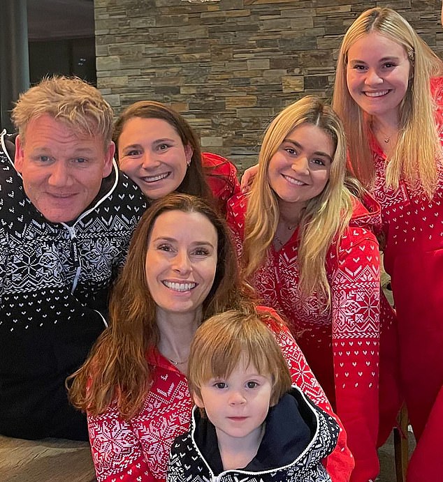 Attending the turkey-free Christmas will be his wife Tana, 50 (second left), and their six children, Megan, 26, twins Holly (second to Gordon) and Jack, 24, Matilda, 23, (right) Oscar, 5, (with Tana) and Jesse, one