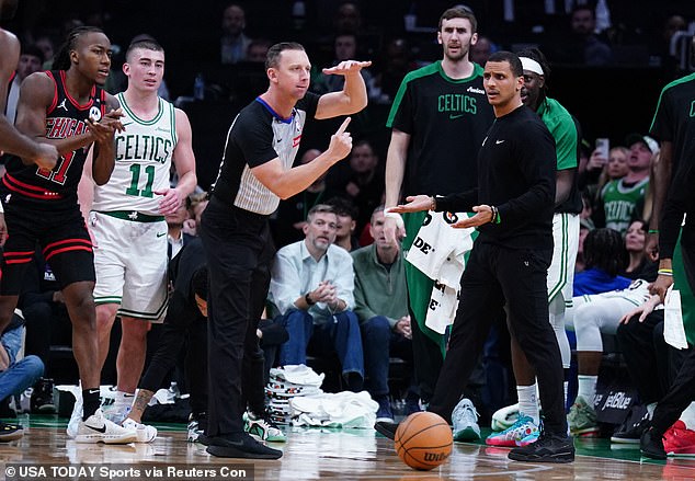 Boston Celtics head coach Joe Mazzulla reacts after called for a technical foul