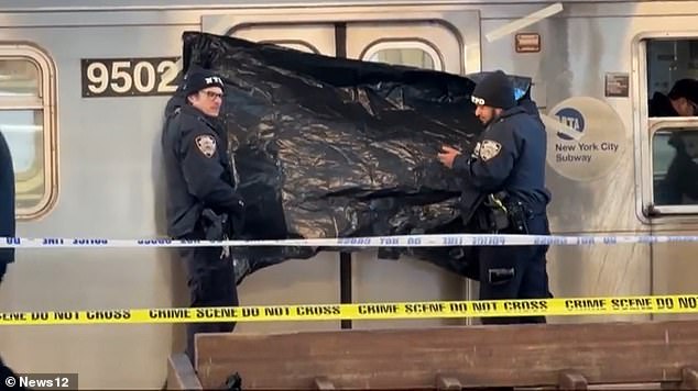 Officers at the scene after receiving a call of a woman needing assistance were seen using a tarp to cover up one of the train's windows - seemingly to block a view of the grisly scene