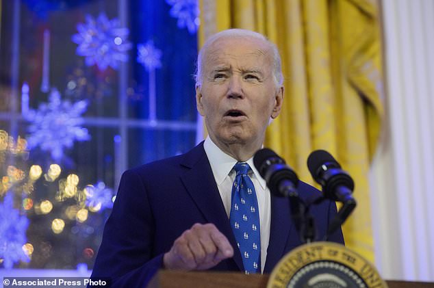 President Joe Biden speaks during a Hanukkah reception in the East Room of the White House in Washington, Monday, Dec. 16, 2024