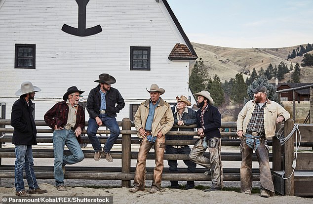 L to R: Ryan Bingham as Walker, Forrie Smith as Lloyd, Cole Hauser as Rip Wheeler, Kevin Costner as John Dutton, Jefferson White as Jimmy Hurdstrom, Denim Richards as Colby, Luke Peckinpah as Fred Myers