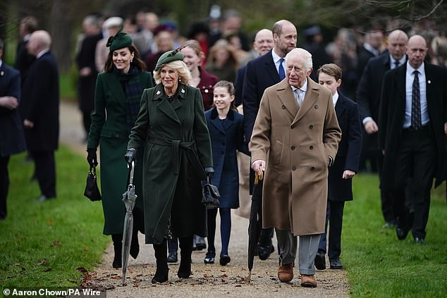 King Charles sported a beige trench coat and brown suede shoes for Christmas Day