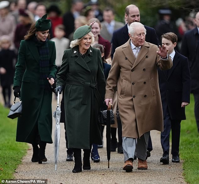 Charles waved to onlookers as Catherine held hands with her Prince Louis, her youngest child