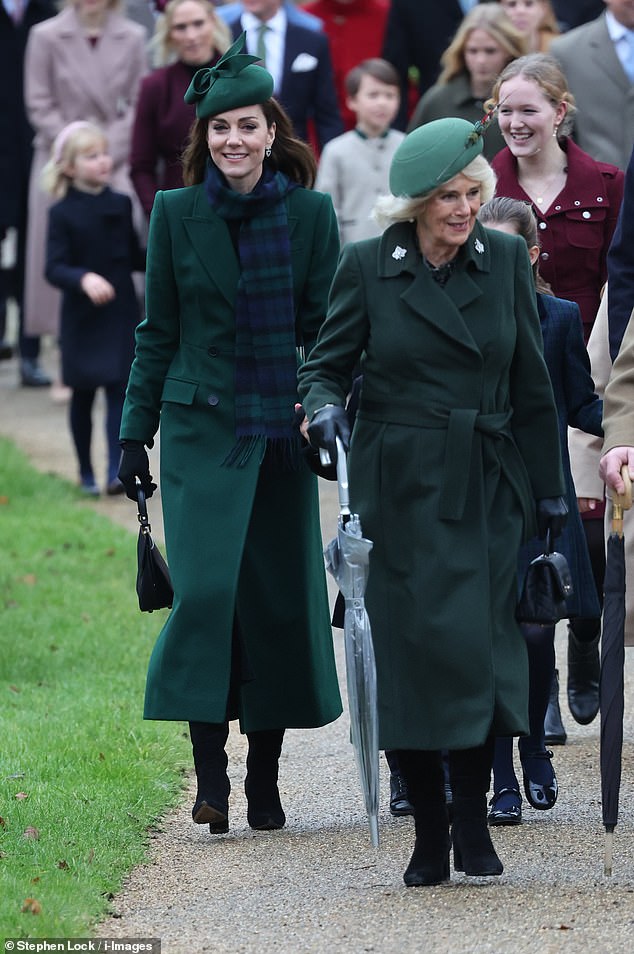 Both Queen Camilla and Princess Catherine donned emerald green coats as they walked with King Charles and Prince William