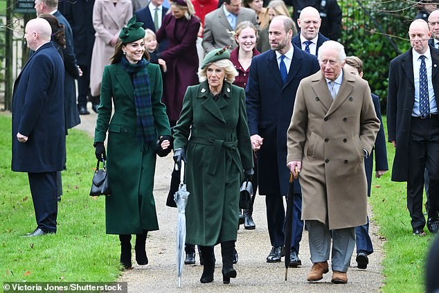 Queen Camilla, King Charles III, Catherine Princess of Wales, Prince Louis, Princess Charlotte, Prince William and Prince George attend the Christmas Day church service