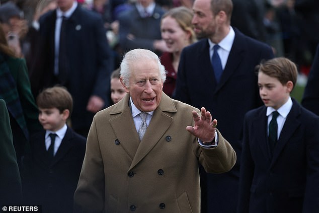 King Charles waves on the day he attends the Royal Family's Christmas Day service